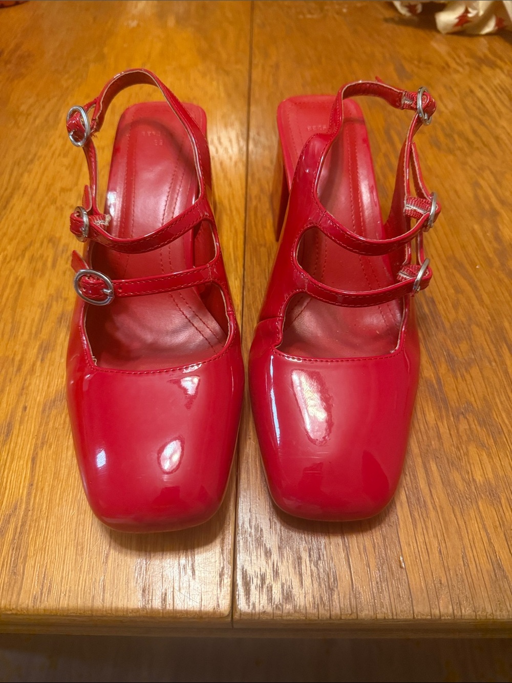 Bershka Red Patent Triple -Strap Block Heels Mary Jane